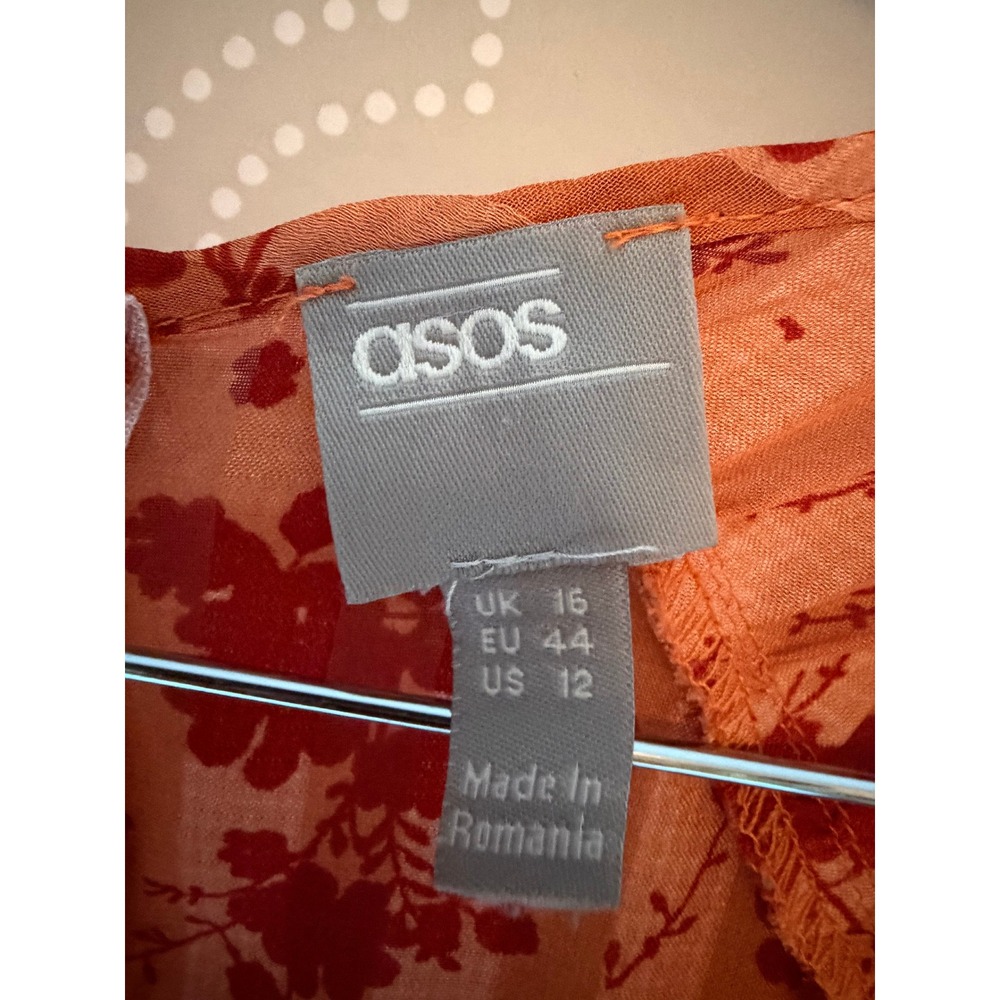 ASOS Maxi Dress Floral Burnout Stripe Puff Sleeve Orange Red Size 12 - Picture 2 of 8